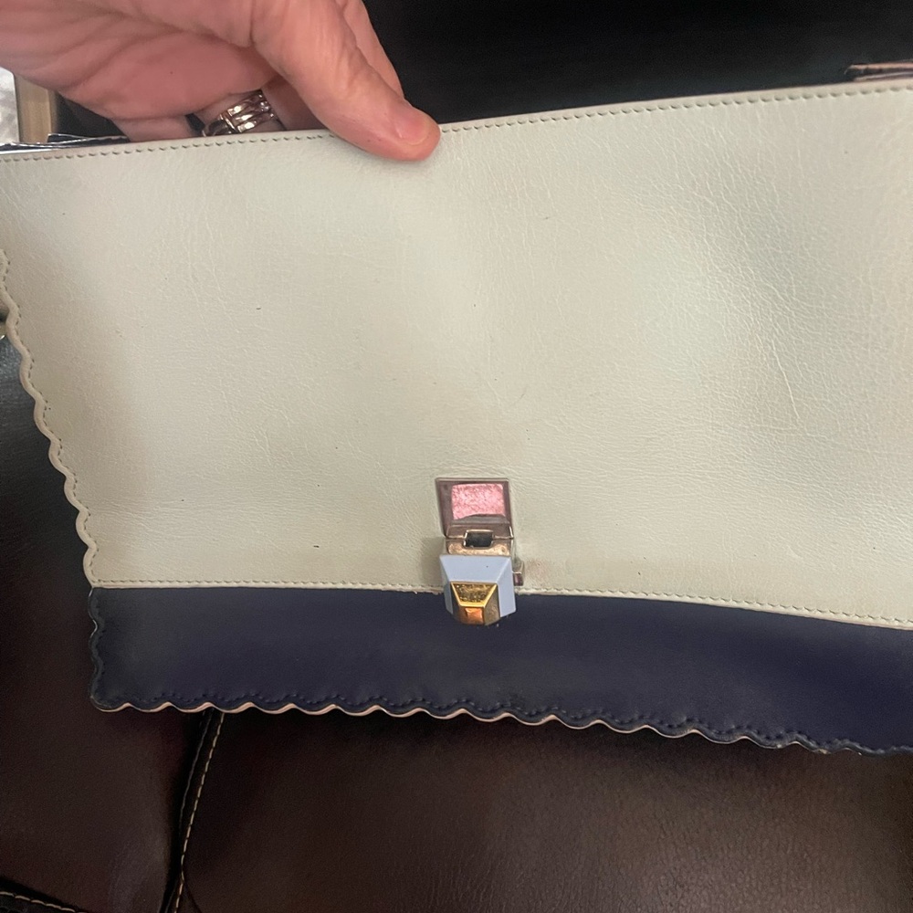 Fendi Kan Navy Blue Scalloped Floral Embellished Shoulder Bag with Pink Accents - Picture 12 of 12